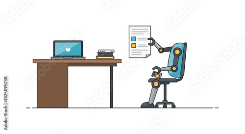 ai robot worker reviewing checklist at desk with laptop portraying automation in business and increased efficiency perfect for illustrating robotics