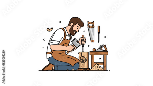 A woodworker, wearing a brown apron and blue pants, chisels wood with tools