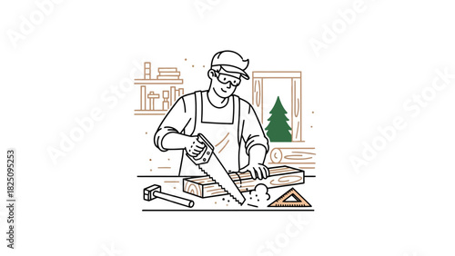 A cartoon craftsman sawing wood in a workshop with tools, a shelf, window, and tree