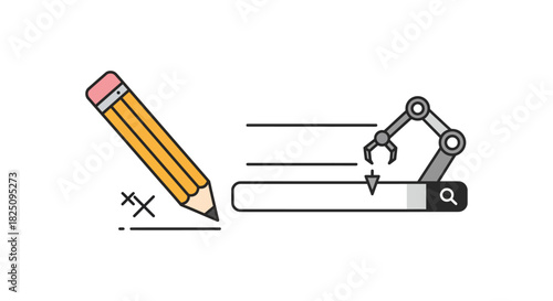 Automating content creation a pencil and robotic arm working together on search engine input for modern digital transformation campaigns.