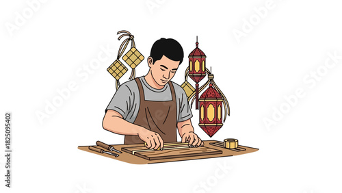 An illustration of a man crafting with tools, festive hanging decorations and lamps