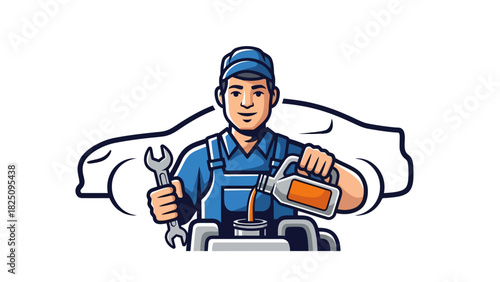 A cartoon mechanic pours oil into a car's engine while holding a wrench