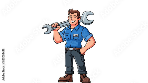 A cartoon male worker, holding a wrench, standing against a white background, wearing work attire