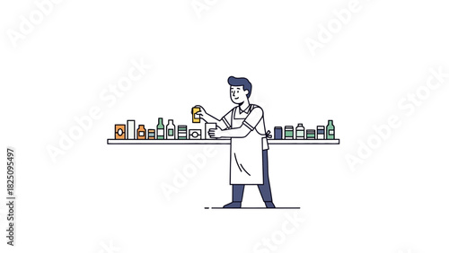 A smiling person in an apron standing behind a counter with various bottles