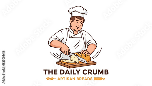 A cartoon chef cuts a loaf of bread on a wooden board. Graphic style