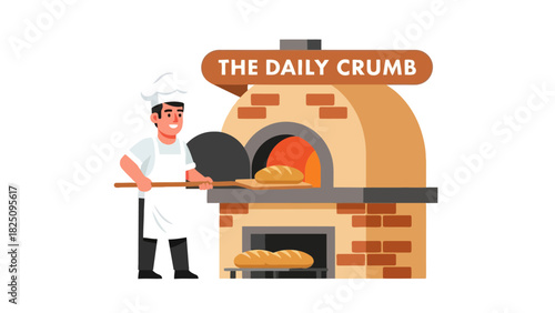 A smiling baker is taking bread from a brick oven, bread loaf at bottom