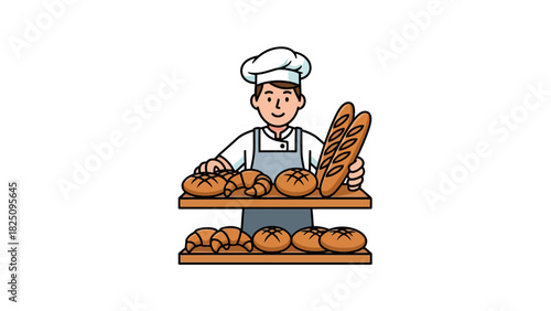 A cartoon baker stands behind a wooden shelf of baked goods like croissants, bread rolls and baguettes