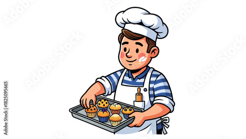 Cartoon baker wearing a toque and apron, holding a tray of baked muffins. Shows flour on face