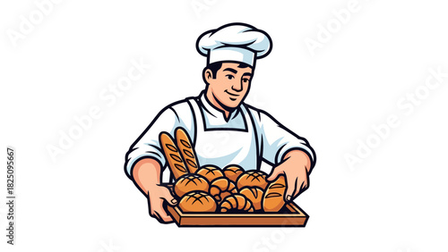 A cartoon baker in a white chef uniform holding a tray of various golden breads