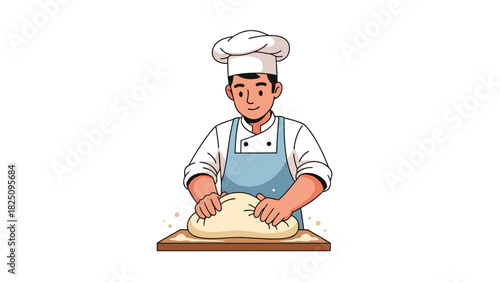A cartoon chef is kneading dough on a wooden board. He wears a chef's hat and apron