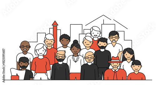 diverse community group against a stylized cityscape representing teamwork and urban development ideal for showcasing social impact and progress.