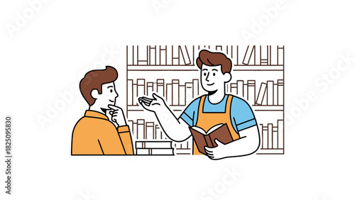 A librarian assists a patron in a library setting with bookshelves in the background