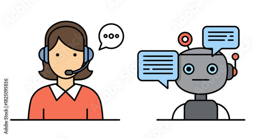 human vs ai customer service a woman support operator with headset communicating with a robot agent showcasing technology and automation