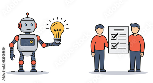 Innovative robot presenting a bright idea humans confirming project completion with checklist illustrating automated task solutions