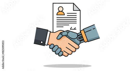 Human-AI collaboration contract Robot shaking hands with a person in agreement on a document symbolizing future tech partnerships and automation deals.