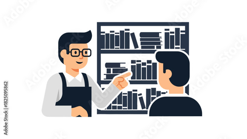 A librarian with glasses, apron, and pointing gesture shows a customer books on a shelf