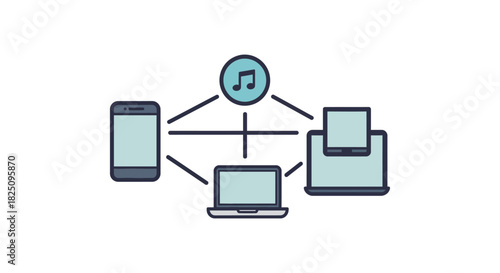 music streaming across devices phone laptop tablet connected to a central music server showcasing wireless audio and seamless integration.