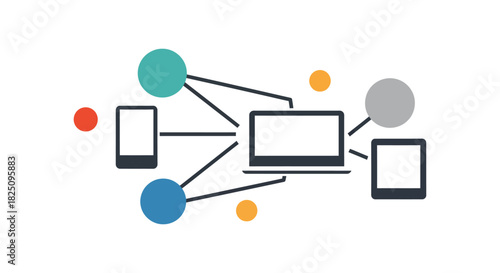 network connection laptop connecting with devices communicating data across multiple platform interfaces signifying cloud technology and future connectivity