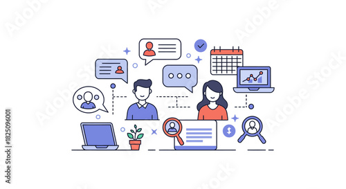 online communication teamwork using digital devices two people collaborating effectively sharing ideas perfect for illustrating remote work and team discussions