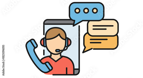 Online customer support representative with phone and chat assisting customers providing assistance and information ideal for support services