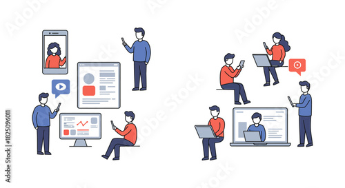 online communication people connecting through devices sharing media  information ideal for illustrating digital interactions collaboration  tech trends.