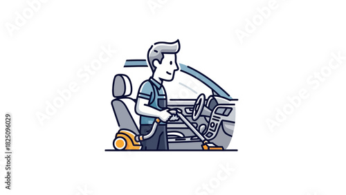 A cartoon-style illustration showing a person vacuuming the interior of a car