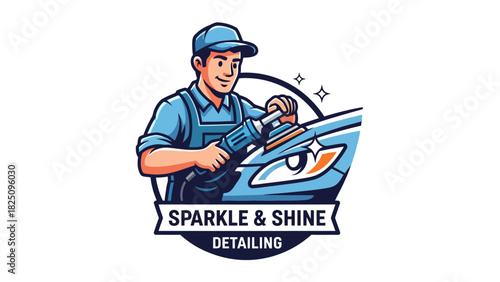 A cartoon image depicting a mechanic working on a car, the image is within a blue circle and includes text