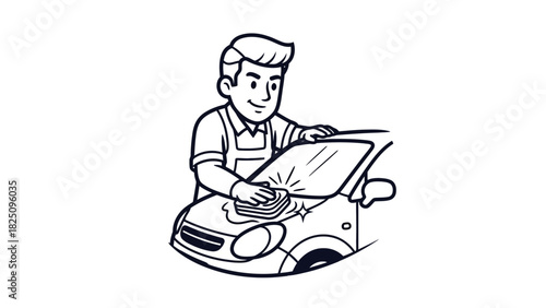 A cartoon-style illustration showing a person cleaning the windshield of a small car