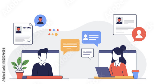 Online job interview with two candidates discussing resume details on laptops creating a remote work atmosphere and showcasing recruitment solutions.