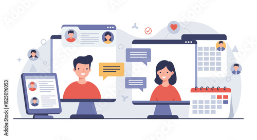 online meeting communication colleagues connect via video call for collaboration scheduling and virtual teamwork in digital workspaces