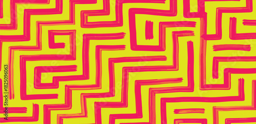 Vibrant abstract labyrinth created with bold pink hand-drawn lines on a striking lime green background, a seamless and energetic pattern