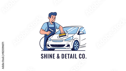 Cartoon illustration of a man cleaning a white car, featuring a sponge and water spray