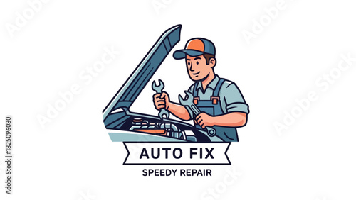 A cartoon mechanic with a wrench is working on an engine, above text that says "Auto Fix", "Speedy Repair