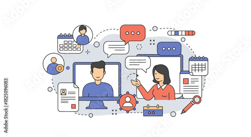 online meeting two professionals collaborating via video call on project plans in a virtual office setup ideal for remote teamwork illustrations