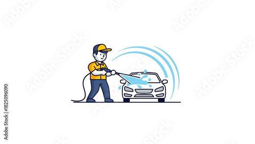 A cartoon-style illustration showing a person washing a car with a high-pressure washer