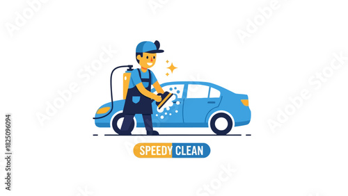 A cartoon illustration depicts a worker cleaning a car with a sponge and spray pack