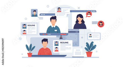 Online recruitment and hiring process reviewing resume and video interviews showcasing human resources and talent acquisition in the digital age.