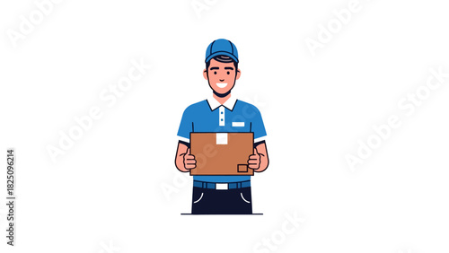 A smiling delivery person in a uniform holds a brown package, with a white background