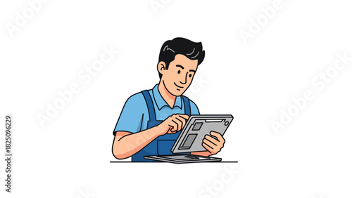 A cartoon man, in work attire, looks down at a tablet. He seems engaged and working