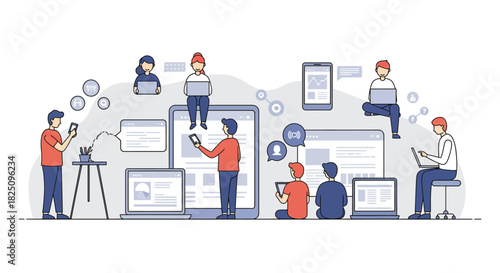 people using technology for social networking and communication online illustrating digital connection collaboration and remote work in the modern era