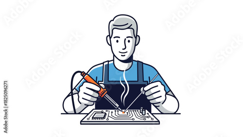 Illustration of a technician soldering a circuit board. He is using a hot soldering iron