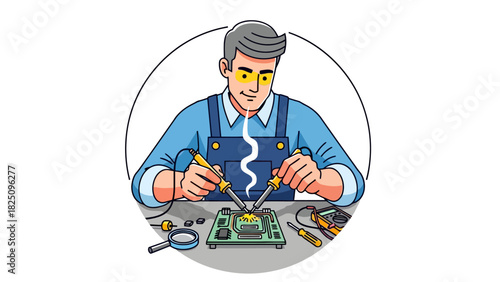 A technician wearing safety glasses soldering a circuit board, illustration in a circle