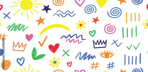 Vibrant and Playful Hand-Drawn Doodle Pattern for Creative Backgrounds and Childlike Designs, Featuring Cheerful Crayon-Style Illustrations and Artistic Sketch Elements