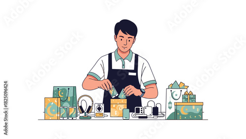 A cartoon depicting a man, wearing an apron, arranging electronics