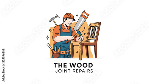 Cartoon image of a carpenter repairing furniture, with tools like hammer, saw, and a chair
