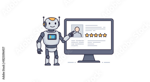 robot review of profile pointing to online rating with five stars for feedback analysis ui design and software development ai concept