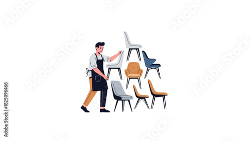 A man in an apron stands next to a stack of modern chairs in various colors, on a white background