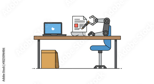 robotic process automation writing document on desk with laptop illustrating ai in office environment ideal for business technology articles