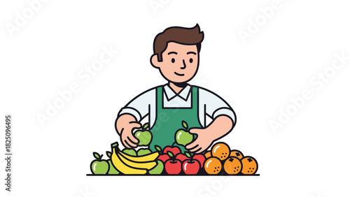 A cartoon image depicting a fruit seller standing behind a table full of various fruits