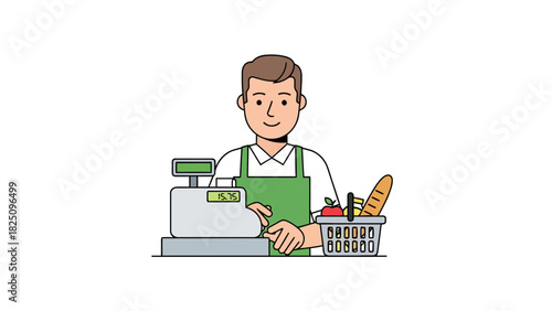 A smiling clerk at a checkout counter, with a basket of groceries and a cash register